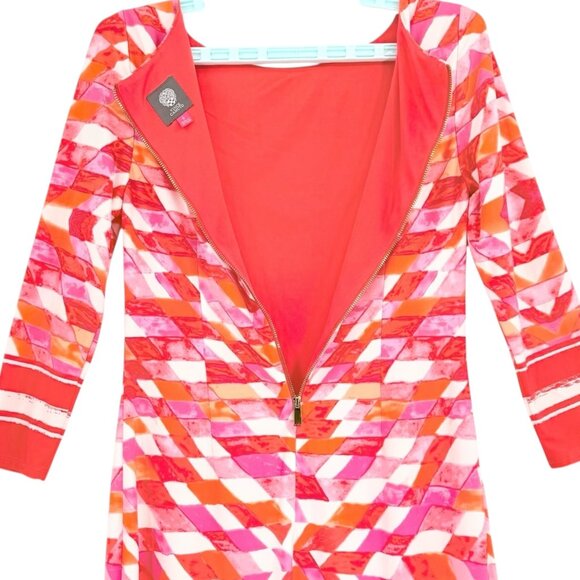 Vince Camuto Women's 3/4 Sleeve Zip Back Lined Geometric Print Red Dress Size 4 - Picture 6 of 11